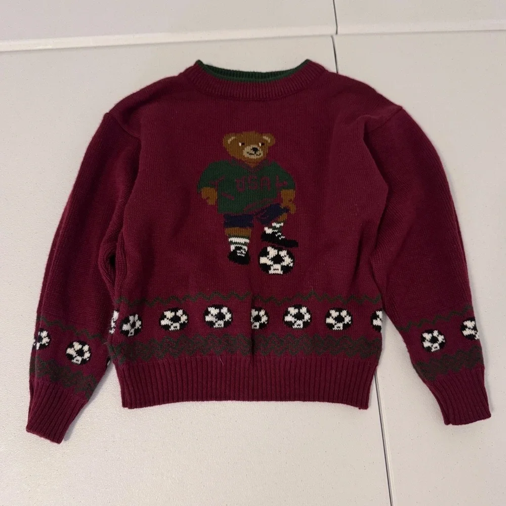 Vintage USA Soccer Bear Knit Sweater Burgundy Maroon Crewneck Kids u3